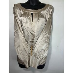 White House Black Market Silk Blouse Long Sleeve Tan Beige Southern Concert s10